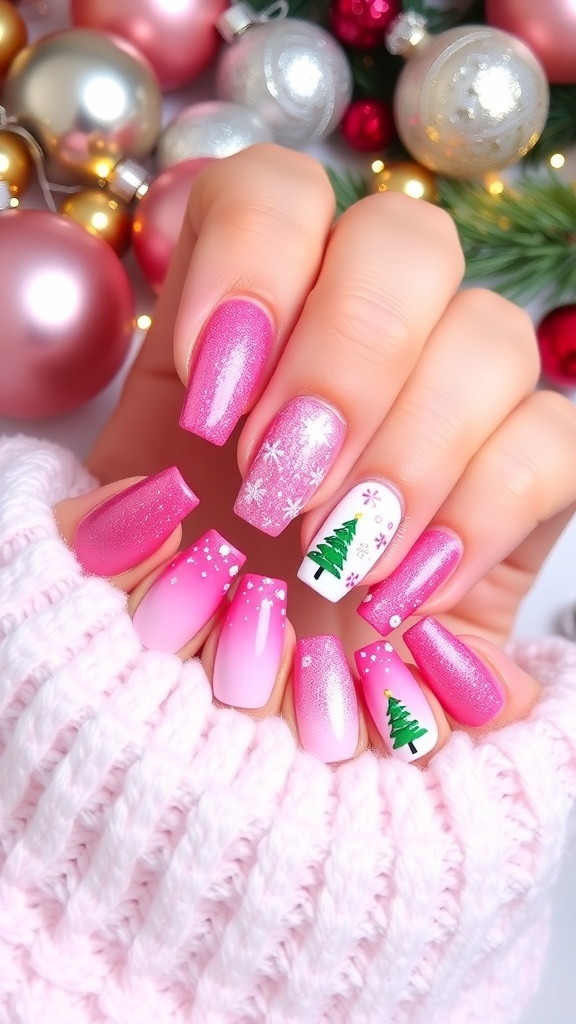 A collection of pink Christmas nail art designs with glitter, snowflakes, and Christmas trees.